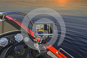 Fishfinder, echolot, fishing sonar at the boat photo