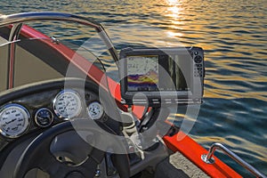 Fishfinder, echolot, fishing sonar at the boat