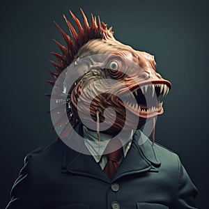 Fishhead In A Suit: A Hyper-realistic Sci-fi Hybrid Creature In Gritty Urban Scene