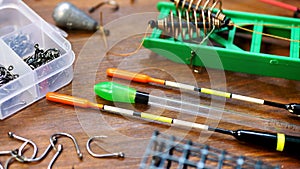 Fishhooks, lines, sinkers, floats and tackle boxes