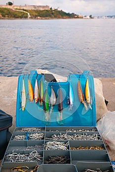 Fishing accessories box with lures and hooks