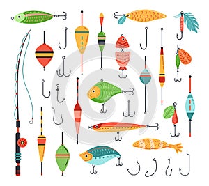 Fishing accessories. Fish bait with hook, fisherman rod and tackle with artificial fishes shapes vector set