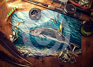 Fishing accessories on table