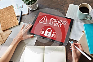 Fishing alert, Fraud, Virus, Cyber security breath detection banner on screen. Internet Information protection concept.