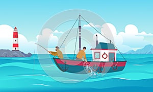 fishing background. fisherman with rods standing on boat in ocean vector happy sailors outdoor cartoon template