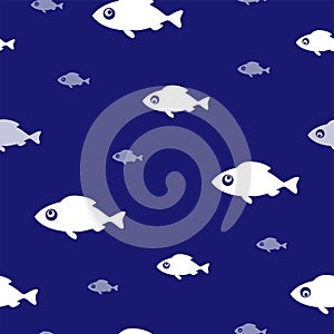 Fishing background. Seamless pattern with funny white fish on blue. Vector illustration.