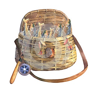 Fishing bag filled with fish, next to the fishing rod. Watercolor illustration isolated on a white background.