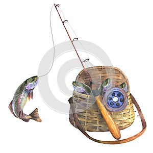 Fishing bag filled with fish trout, next to the fishing rod. Watercolor illustration isolated on a white background. Cut