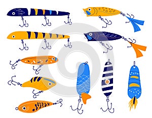 Fishing bait. Different shapes colorful lures with hooks, floating element outdoor river or lake hobbie, cartoon angling