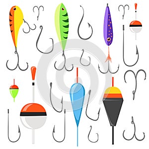 Fishing bait. Fish lure with hook flat icons isolated on white background. Vector illustration Web site page and mobile app design