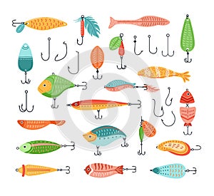 Fishing baits. Fish lure with hook, cartoon fisherman tackle and artificial fishes shapes vector set