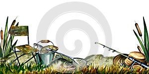 Fishing, banner. Isolate on a white background. Watercolor illustration.