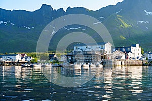 Fishing base in village Mefjordvaer, island Senja, Norway, Mefjord Brygge. Fishing village in summer