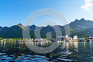 Fishing base in village Mefjordvaer, island Senja, Norway, Mefjord Brygge. Fishing village in summer