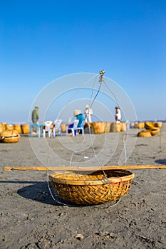 Fishing basket under blue sky at Long Hai beach, Ba Ria, Vung T