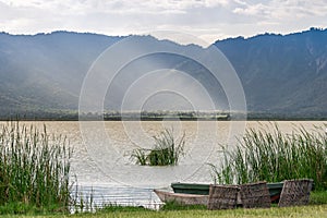 Fishing baskets and boats over Lake Jipe, Kenya