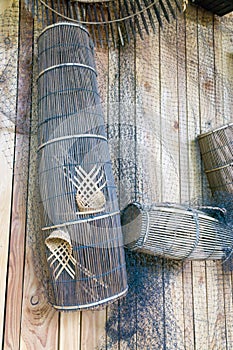 Fishing baskets made from bamboo with net