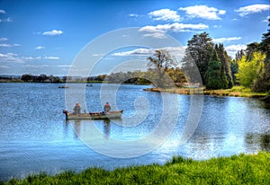 Fishing Blagdon Lake Somerset in Chew Valley at the edge of the Mendip Hills south of Bristol like painting in HDR