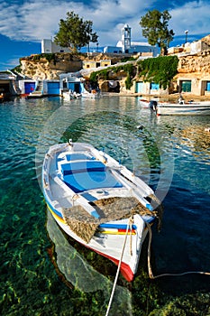 Fishing boars in harbour in fishing village of Mandrakia, Milos island, Greece