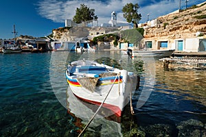 Fishing boars in harbour in fishing village of Mandrakia, Milos island, Greece