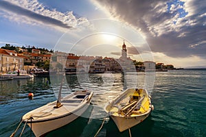 Fishing boat anchoring in beautiful Sutivan port, Brac island, Croatia. Sutivan on Island Brac in Croatia. Made of well known