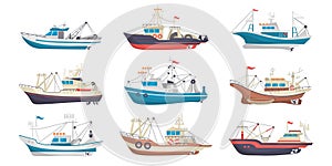 Fishing boat. Cartoon marine fisherman sea vessel. Trawler for seafood transportation. Fishery traditional motorboat. Water