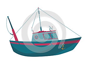 Fishing boat. Commercial fishing industry. Banner with watercraft or motor boat for fishing industry. Flat vector