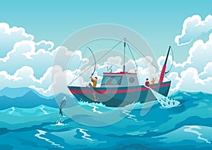Fishing boat. Commercial fishing industry, ship in ocean. Banner with watercraft or motor boat for fishing industry and photo