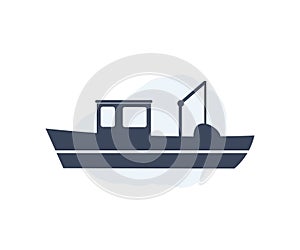 Fishing Boat engulf a fishing boat on the water logo design. Fishing boat silhouette. Sea travel transportation trawler.