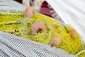 Fishing boat equipment detail: net, arts macro. Mediterranean sea