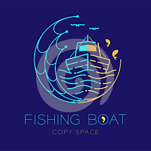 Fishing boat, fish, seagull, wave and Fishing net circle shape logo icon outline stroke set dash line design illustration