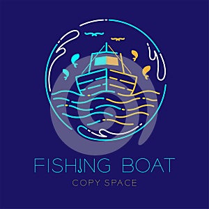 Fishing boat, fish, seagull, wave and Water splash circle frame shape logo icon outline stroke set dash line design illustration