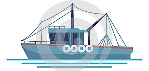 Fishing boat flat icon. Trawl freight ship