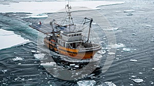 A fishing boat glides across the icy waters its solarpaneled roof powering the equipment necessary for a sustainable