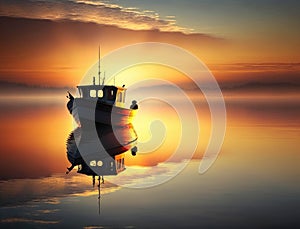 A fishing boat with a golden sunrise setting on the horizon its occupants peacefully gazing out at the calm morning