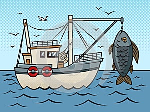 fishing boat with huge fish pop art raster