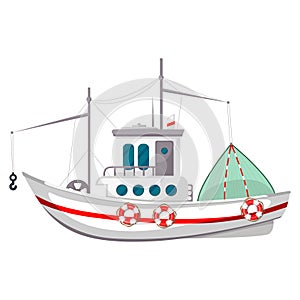 Fishing boat icon, travel vessel on sea, ocean, river