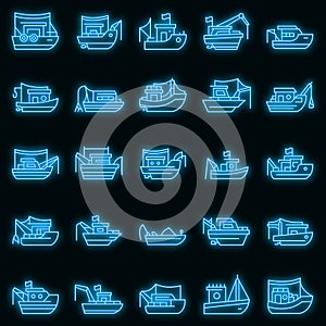 Fishing boat icons set vector neon