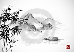 Fishing boat and island with mountains. Traditional oriental ink painting sumi-e, u-sin, go-hua. Contains hieroglyph - photo