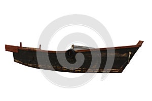Fishing boat isolated on white background closeup. Wooden korean boat for nets fishing.