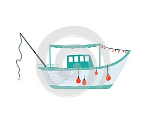 Fishing boat isolated on white background in a flat style. Children`s illustration for design of children`s rooms