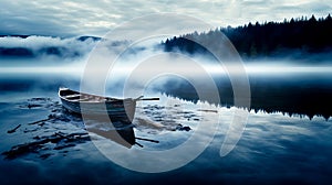 Fishing boat on the lake in the morning with fog and reflection.