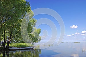 Fishing boat at lake in Pereslavl. Russia