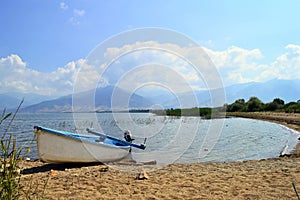 Fishing boat on a lakeshore of Prespes in Greece.
