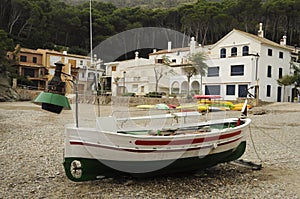 Fishing boat with lamp on the beach photo