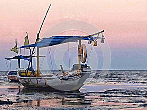 A fishing boat leaning on the beach looks aground