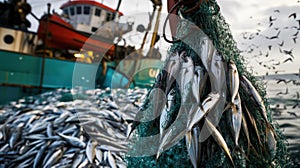 A fishing boat lifts nets with a large catch of fish