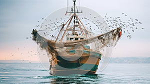 A fishing boat lifts nets with a large catch of fish