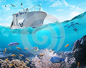 Fishing boat in the ocean. 3D illustration.