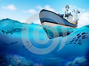 Fishing boat in the ocean. 3D illustration.